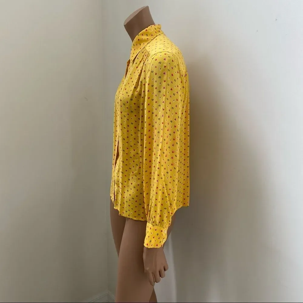 Celine Paris Vintage Yellow Silk Floral Blouse M - Picture 5 of 11